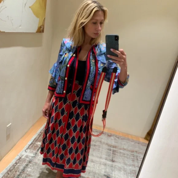 Gucci Blue Flora Ruffled Silk Blouse Jacket Navy Red Web Trim & GG Buttons SZ S - Picture 9 of 10